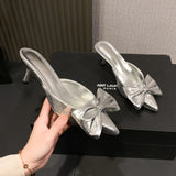 Xajzpa New Bow Women Mules Shoes Pointed Toe High Heels Slippers New Party Sandals Luxury Sexy Woman Brand Party Pumps Zapatos