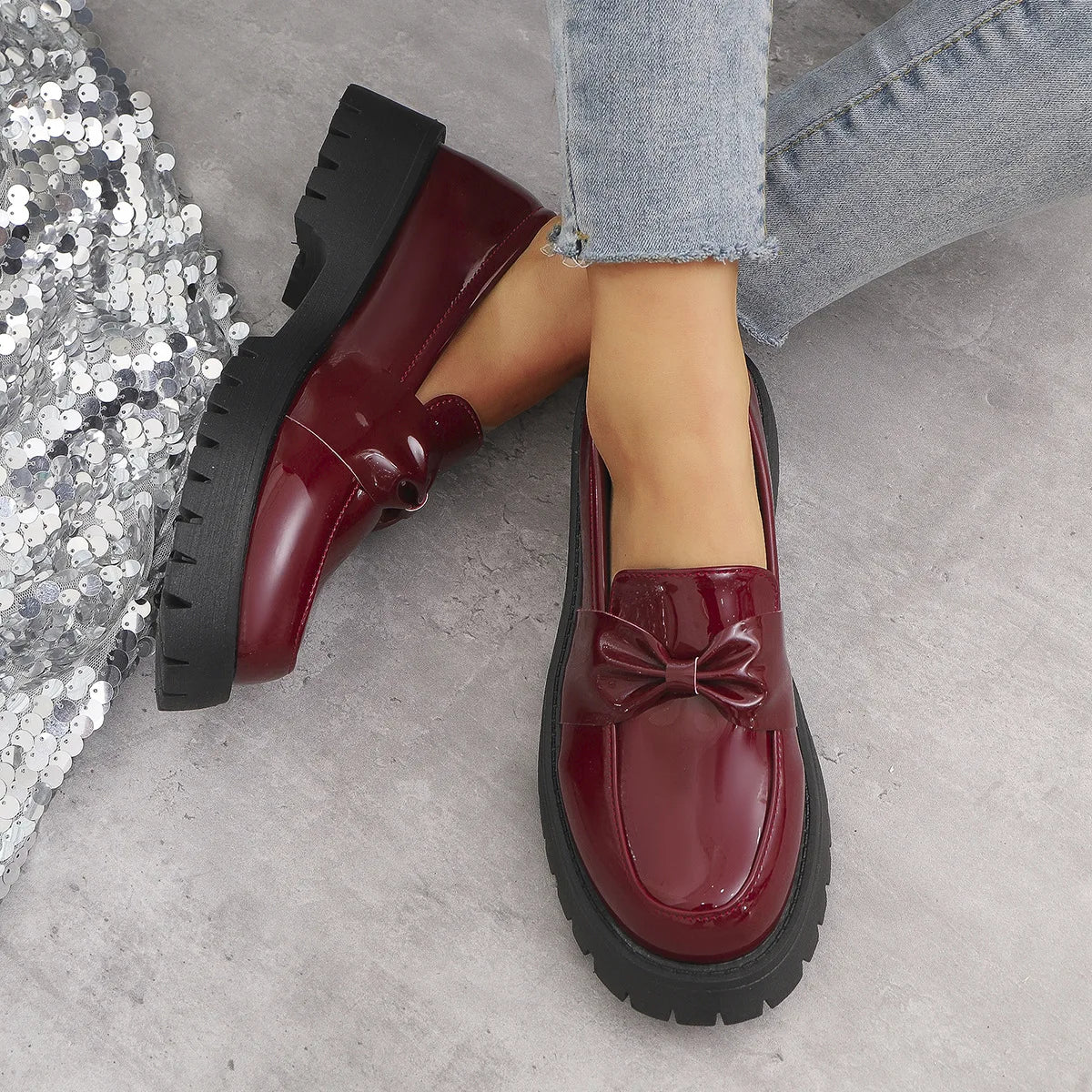 Xajzpa Cross Women's Shoes Round Toe Bow-Knot Patent Leather Ballet Flats Loafers With Fur Casual Female Sneakers Butterfly New Big Siz