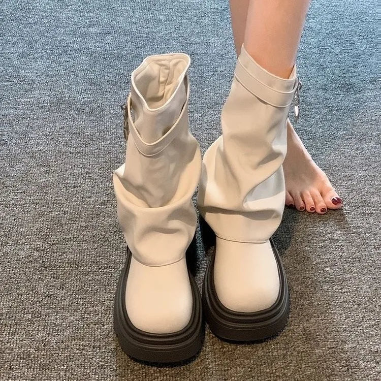 Xajzpa Med Heel Boots Round Toe Women's Genuine Leather Shoes Zipper Boots-Women  Over-the-Knee Rubber 2025 Lolita Lace-Up Western Floc