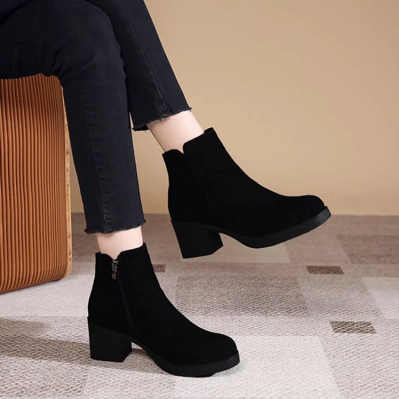 Xajzpa  Women's Autumn and Winter New Fashion Solid Temperament Ankle Boots Round Head Square Heel Slip on Solid Casual Boots Size