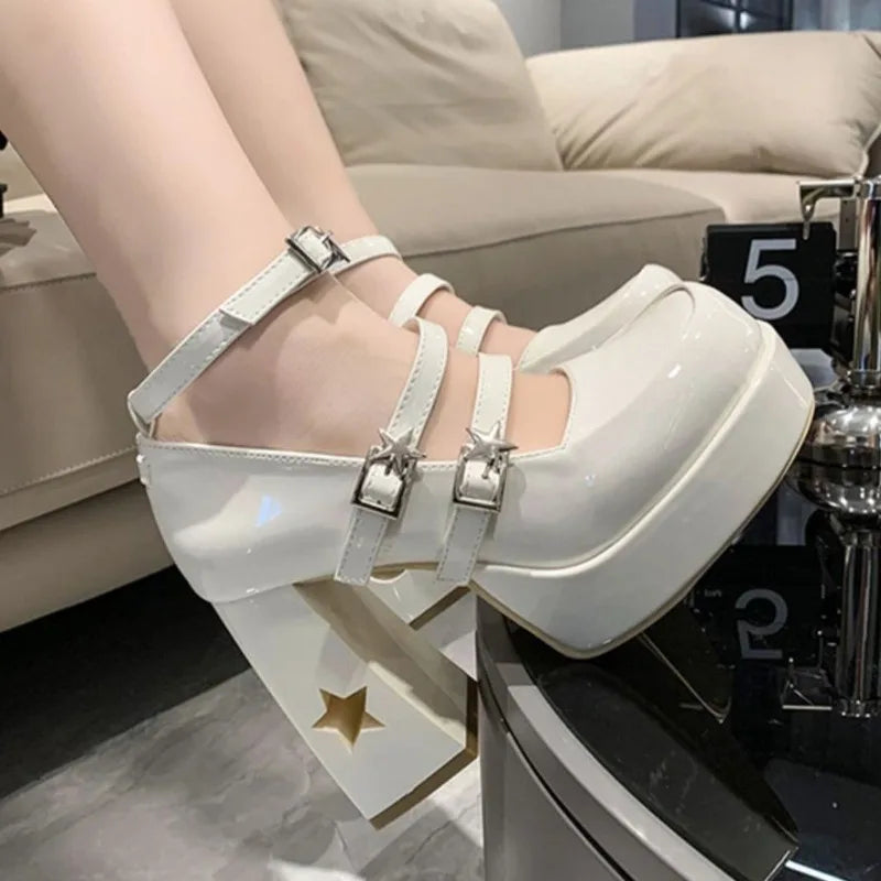 Xajzpa Pumps Lolita Shoes Platform Mary Jane Shoes Star Buckle Strap Women Cross-tied Pu Leather Girls Rivet Casual Shoes Kawaii
