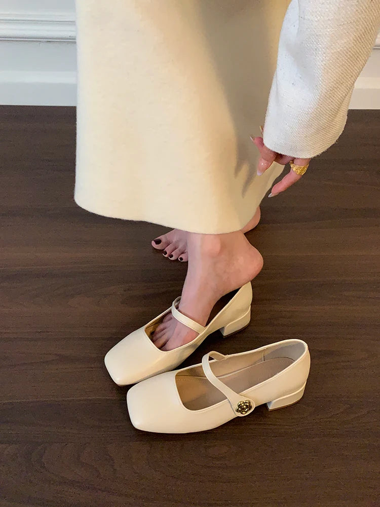 Xajzpa Shoes Branded Pumps Chunky Sandals Shallow Mouth Clogs for Women Slim Heels Mary Jane Square Toe Fashion Spring Retro Block Afri