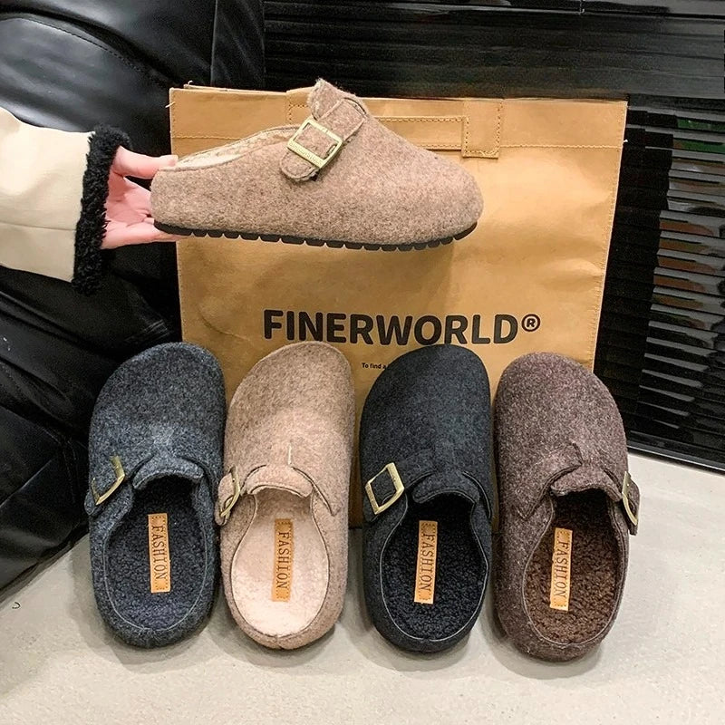 Xajzpa Women's Cotton Cloth Clogs Cork Footbed Leather Mules Slippers Comfortable Fashion Potato Shoes Arch Support Cotton Slippers