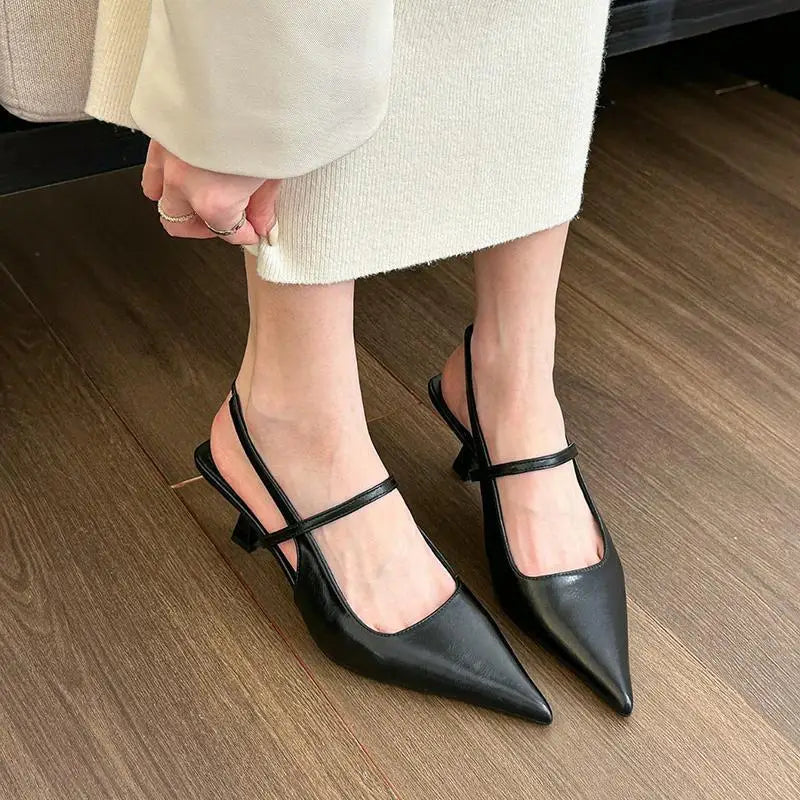 Xajzpa Beige Heeled Sandals Low-Heeled Shoes With Strap All-Match Slip-on Loafers Summer Women's Black Low-heeled Elastic Band High Com