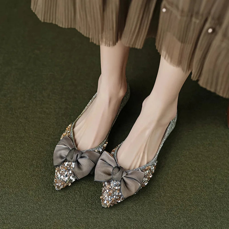 Xajzpa Women Bow Rhinestone Point Casual Shoes Women Flats Designer Dress Walking Shoes Autumn New Trend Shallow Zapatillas Mujer