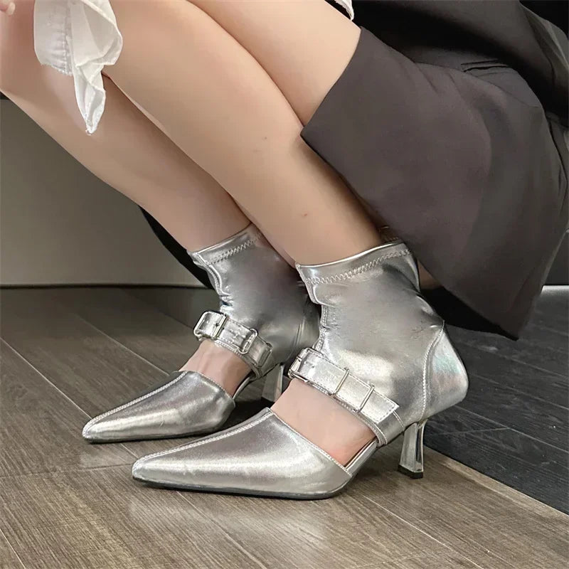 Xajzpa Street Design Belt Buckle Hollow Out Women Ankle Boots Sandals Pointed Toe Thin Low Heels Ladies Shoes