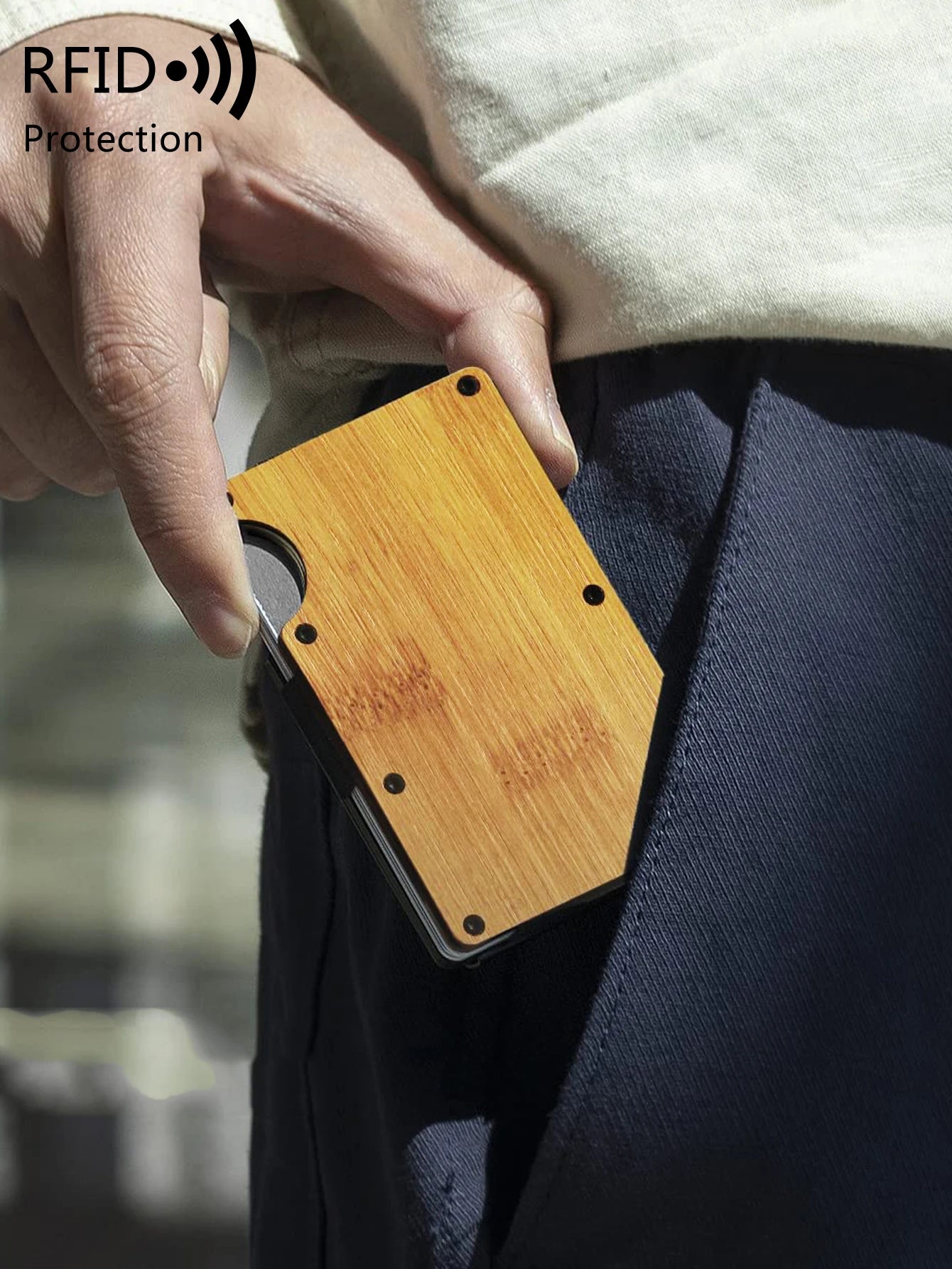 Xajzpa RFID Blocking Men's Wooden Wallet Ultra Thin Metal Money Clip for Men Minimalist Wooden Aluminum Wallet Card Holder