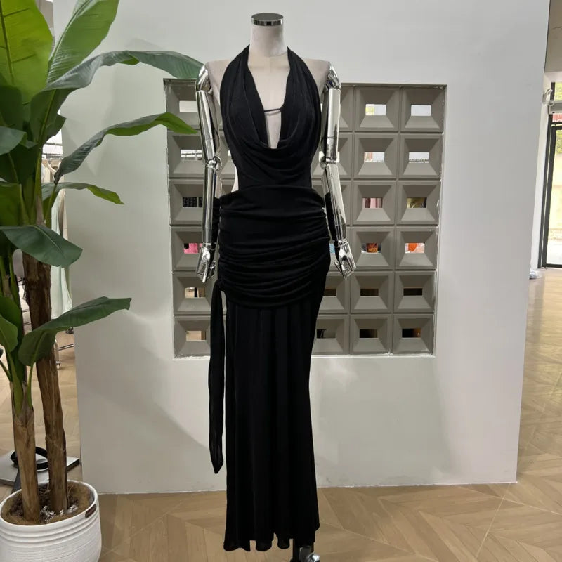 Xajzpa Fashion Solid Color Folds Dress Women's Halterneck Sleeveless Backless Casual Dresses 2025 Summer New Tide