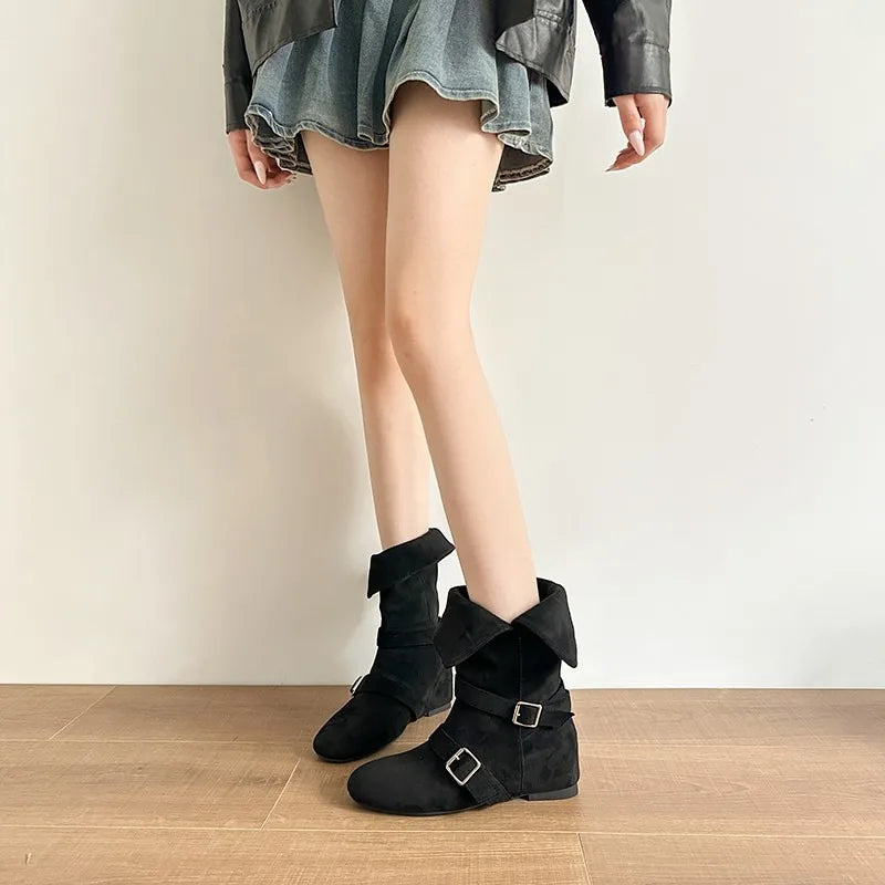 Xajzpa New Women's Vintage Suede Women Trouser Legs Boots Fashion Belt Buckle Slip on Shoes Autumn Winter Wedges Heel Ladies Long Boots