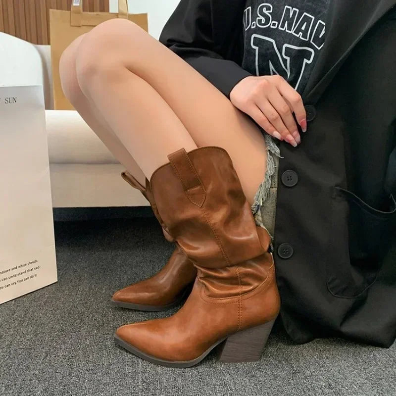 Xajzpa Female Western Boots Cowboy Boots Women Plested Women Ankle  Pu Leather Shoes Autumn Boots Women Booties Lady Plus Size 42