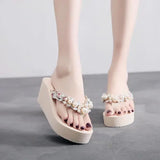 Xajzpa On A Wedge Slippers Casual String Bead Beach Shoes Platform Rubber Flip Flops Slides Slipers Women Heeled Mules Luxury Sabot Haw