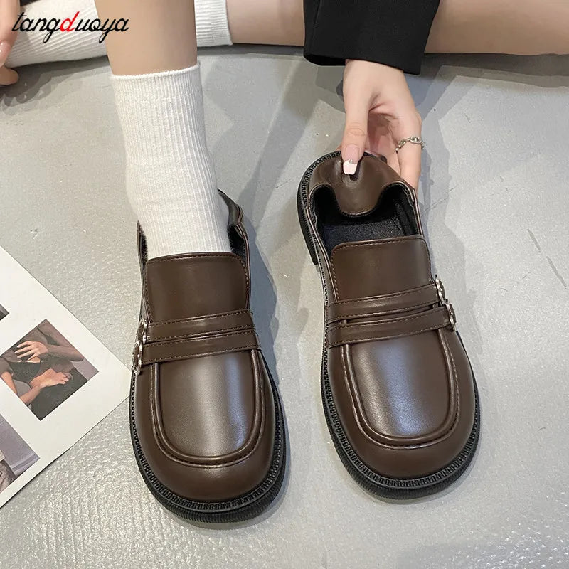 Xajzpa Gothic Lolita Heart Buckle Women's Loafers Mary Jane Shoes Women Cute Kawaii Chunky Platform Flats Fashion Designer Leather Shoe