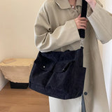 Xajzpa Japan Style Corduroy Solid Color Satchel Multi-Purpose Textured Literary Style Women Student Flap Outer Pocket Underarm Bag