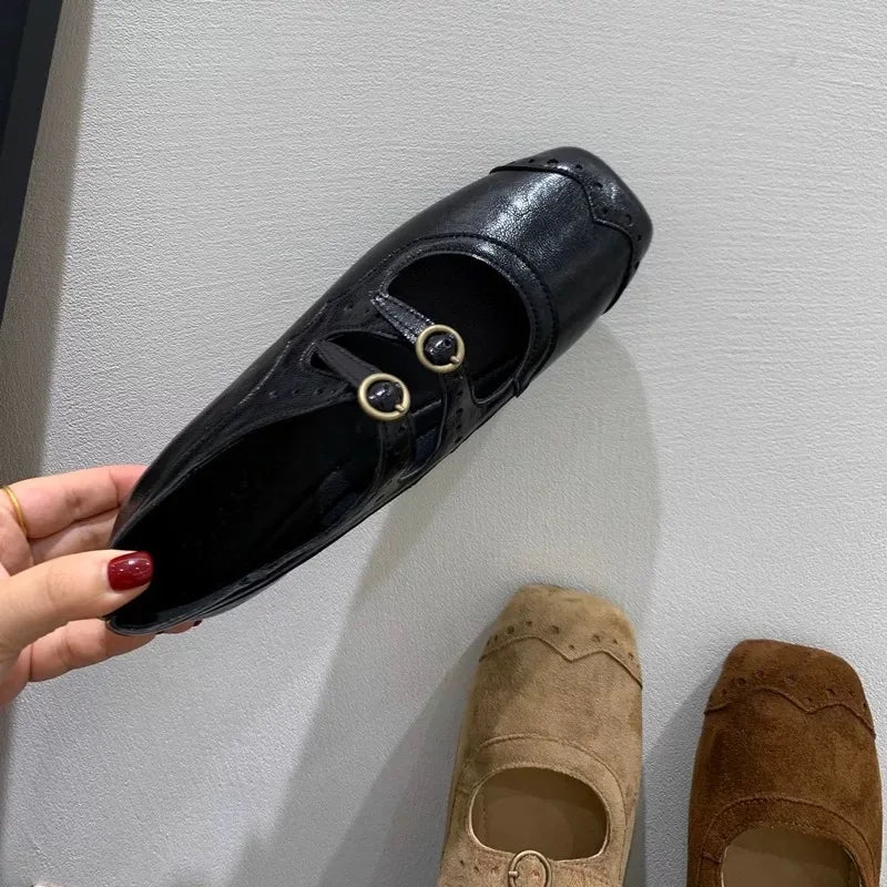 Xajzpa New Fashion Ladies Leather Flat Shoes Mary Jane Casual  Women Buckle Shoes Ladies Casaul Dress Low Heel Leather Shoes