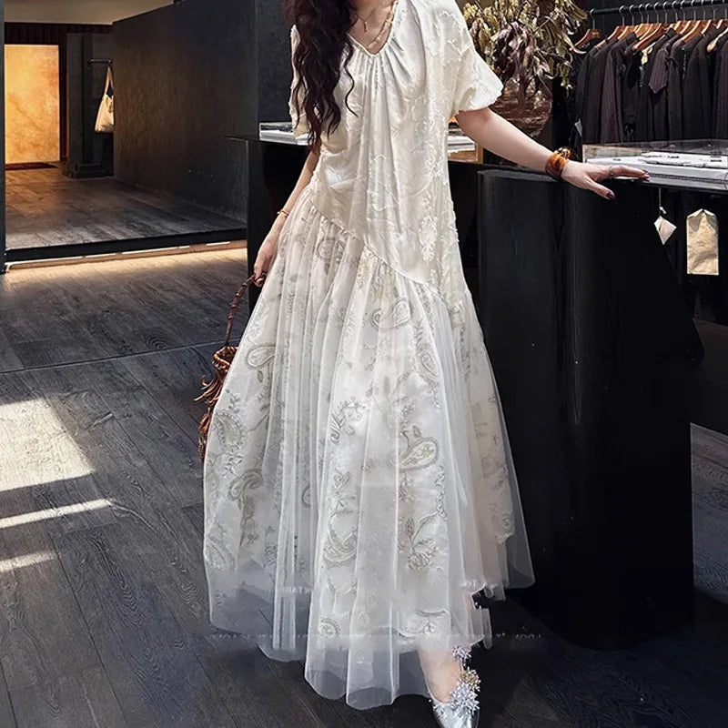 Xajzpa Fashion Lace Mesh Dress Women's V Neck Short Sleeve High Waisted Patchwork Dresses 2025 Summer New Tide