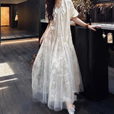 Xajzpa Fashion Lace Mesh Dress Women's V Neck Short Sleeve High Waisted Patchwork Dresses 2025 Summer New Tide