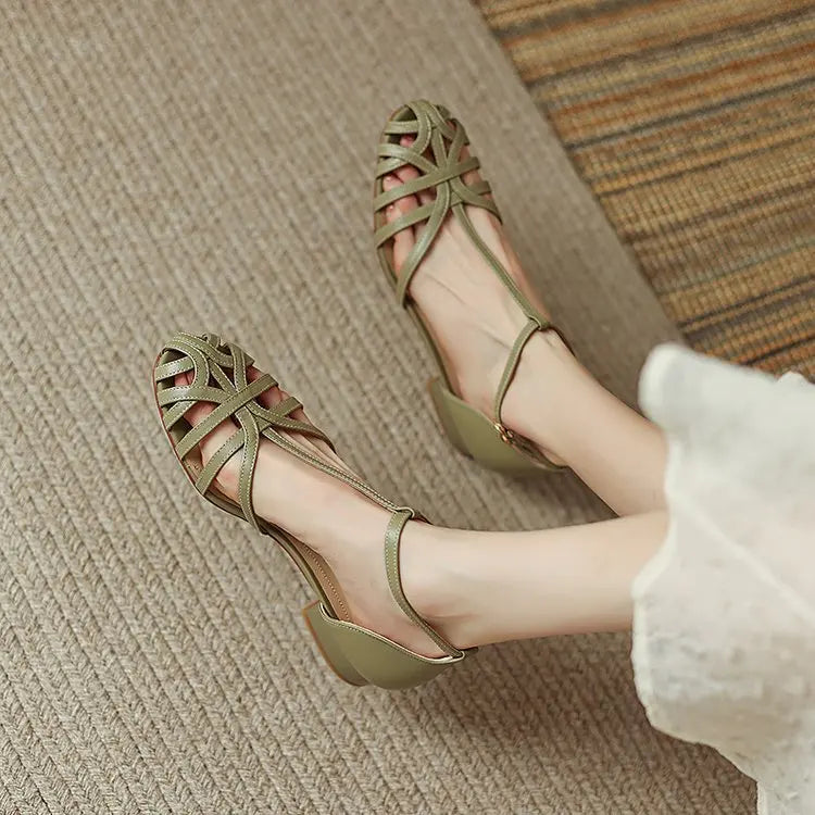 Xajzpa Shoes Female Sandal Women's Girls Beige New Summer Comfort Low Retro Flat Back Strap Square heel Rubber PU Scandals Solid C