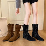 Xajzpa New Style Luxury Women Sexy Pointed Toe Western Cowboy Boot Women Fashionable Metal Rivets Mid Calf Suede Booties Non Slip Boots