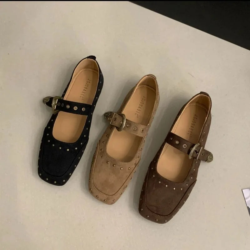 Xajzpa New Women's Shoes Suede Flats Loafers Women Marie Jane Shoes Square Toe Ballet Dance Shoes Fashion Luxury Dress Zapatos De Mujer