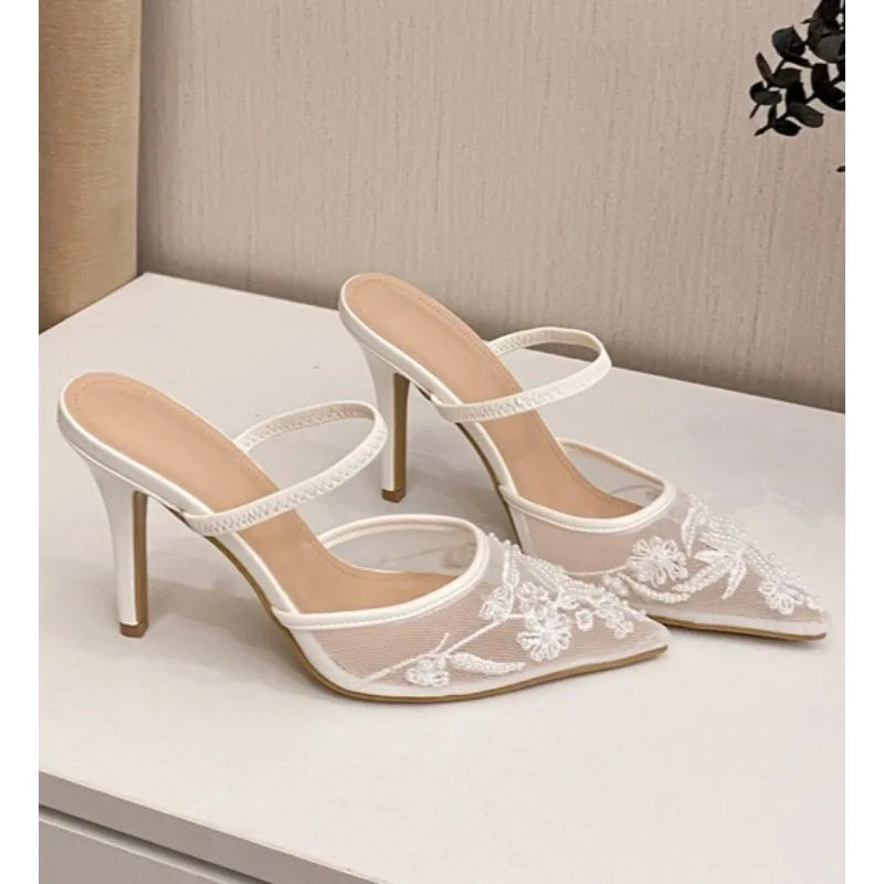 Xajzpa Luxury Brand High Heels Women Sandals Mesh Embroider Elegant Pointed Ladies Slingback Designer Party Wedding Bridal Dress Shoes