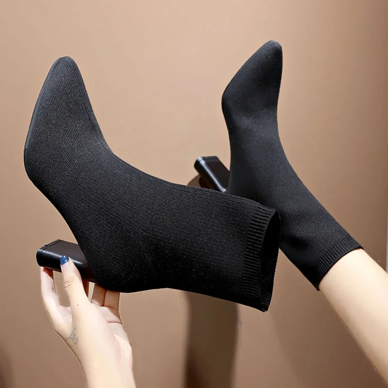 Xajzpa Simple Fashion Stretch Socks Boots Women's High Heels Shoes Knit Socks Boots Skinny Women Pointed Autumn and Winter Bare Boots