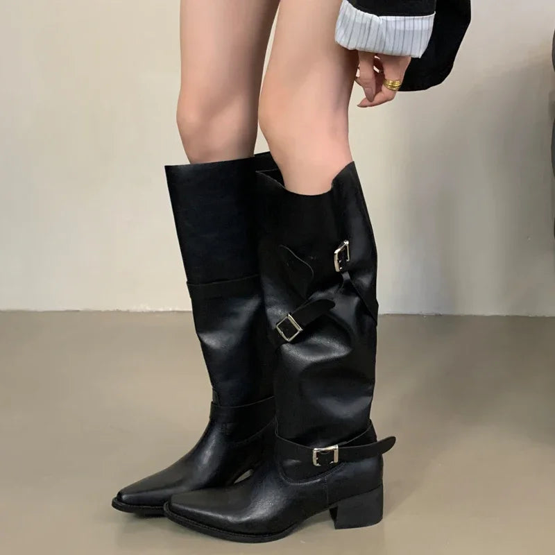 Xajzpa Winter Black Punk Round Toe Knee-High Women Boots Square Heels Buckle Strap Ladies Booties Shoes Zapatillas De Mujer