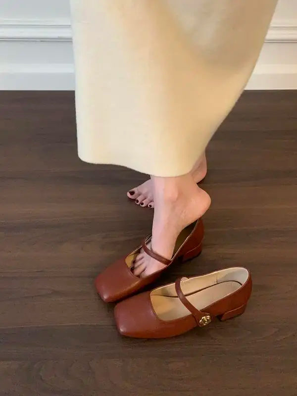 Xajzpa Shoes Branded Pumps Chunky Sandals Shallow Mouth Clogs for Women Slim Heels Mary Jane Square Toe Fashion Spring Retro Block Afri