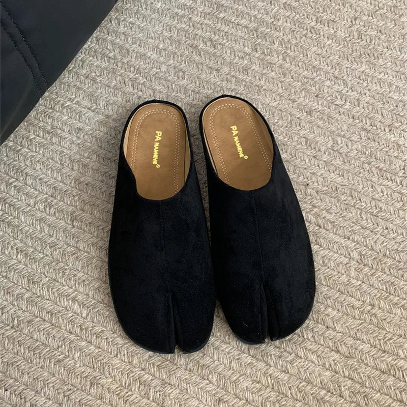 Xajzpa Women Split Toe Fur Slippers Tabi Ninja Slip On Flats Round Toe Shallow Lazy Boat Slingback Mules Shoes Soft Warm Loafe
