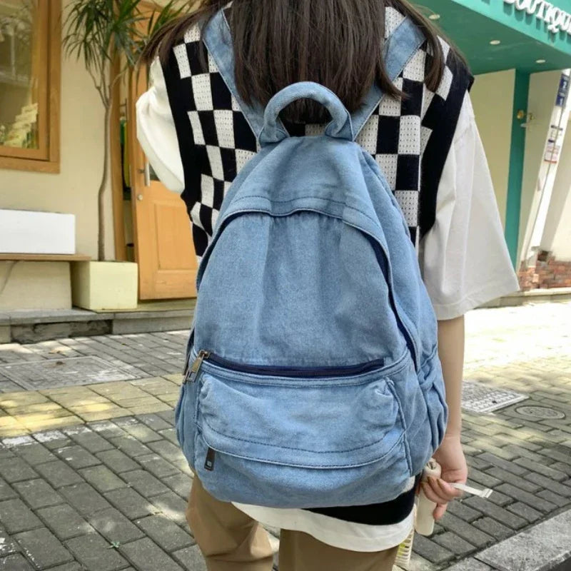 Xajzpa New Gray Denim Backpack Women's Leisure Travel Outing Shoulder Bag Female Fashion Schoolbags Suitable For Boys And Girls Mochila