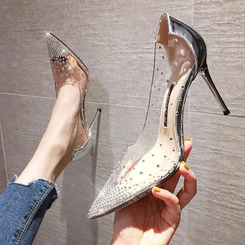 Xajzpa New Luxury Fairy Style Transparent High Heels Thin Heels Pointed Water Diamond Single Shoes Women's Crystal Wedding Shoes