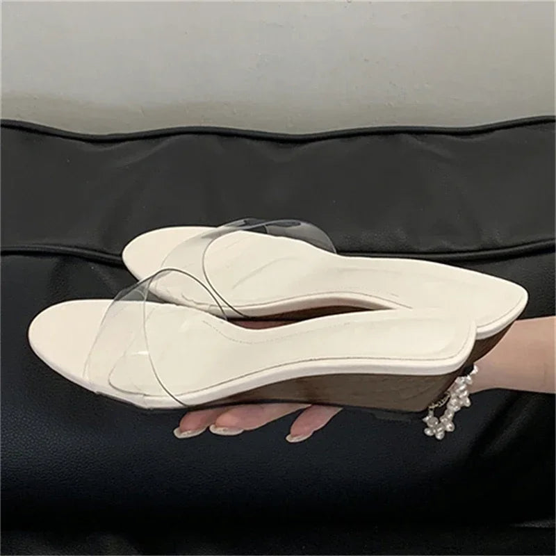 Xajzpa New Summer PVC Transparent Wedges Open Toe Women Slippers Low Heels Banquet Dress Beach Female Shoes