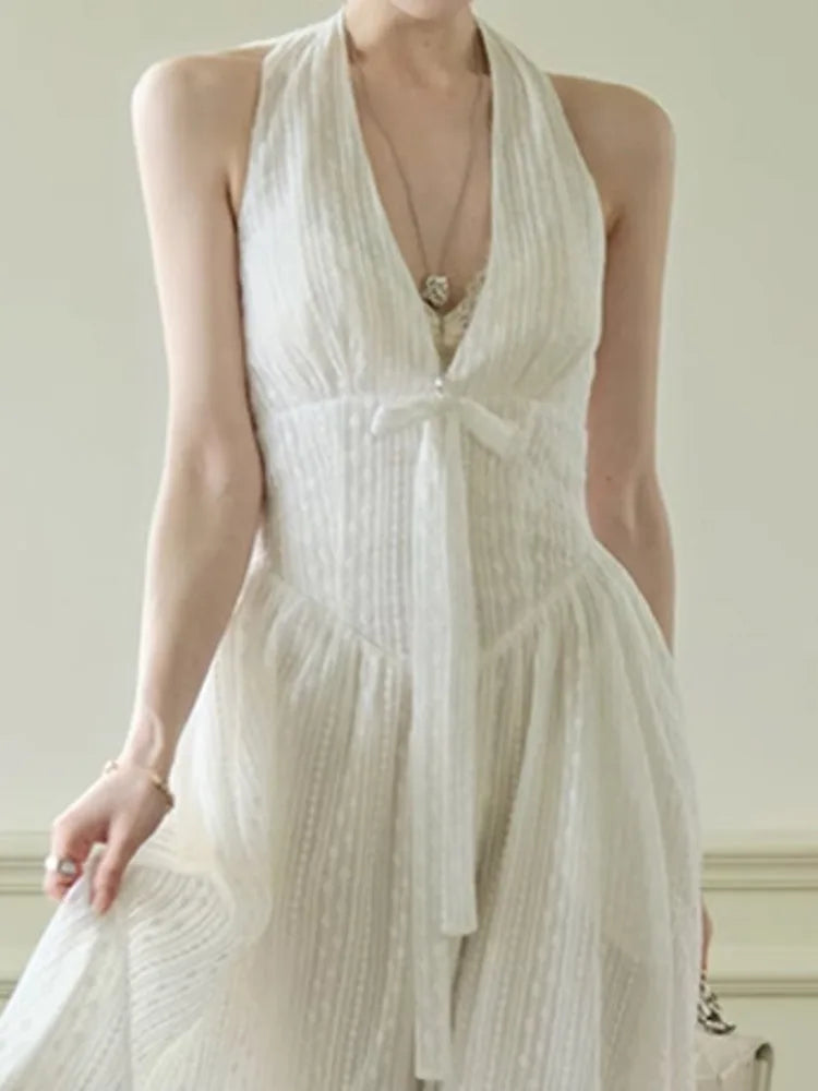 Xajzpa Fashion Casual Dress Women's V Neck Sleeveless Bow Waist Retraction A Line Dresses 2025 Summer New Tide