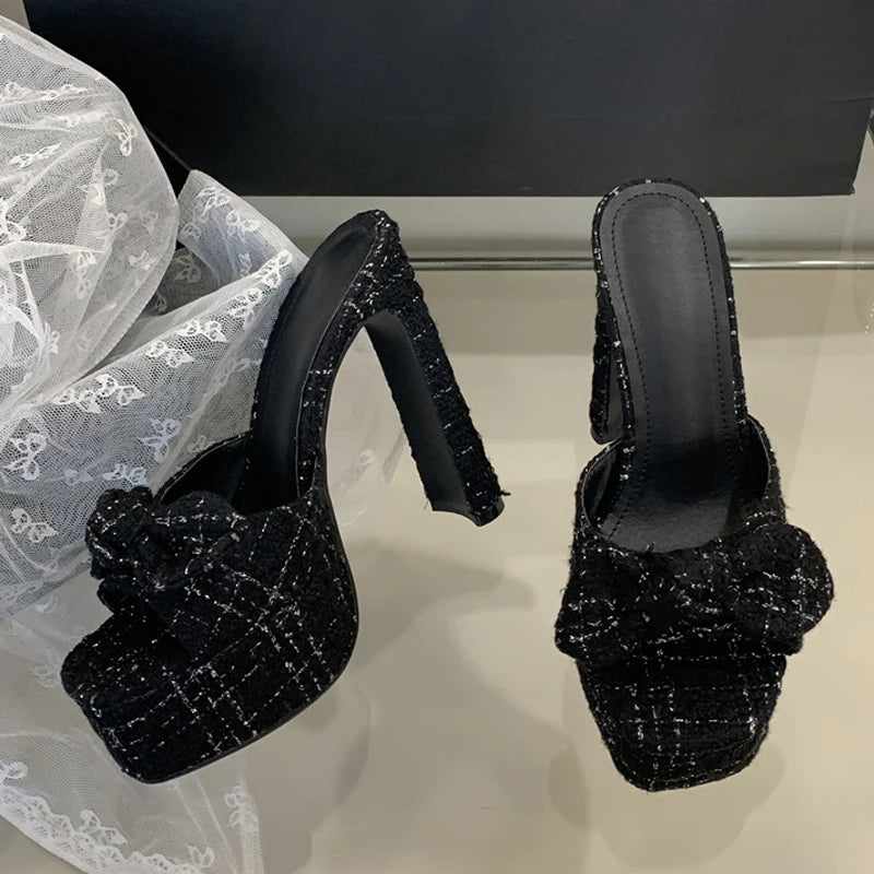 Xajzpa Fashion Pink Cloth Bowknot Designer Sandal Square Toe Super High Heels Platform Slippers Women Summer Party Banquet Shoes