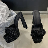 Xajzpa Fashion Pink Cloth Bowknot Designer Sandal Square Toe Super High Heels Platform Slippers Women Summer Party Banquet Shoes