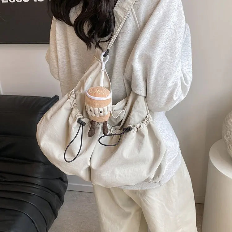 Xajzpa New Lightweight Nylon Drawstring ToteBag Literary Leisure Wrinkle Crossbody Bag Lazy Large Capacity Student Underarm Wrinkle Bag