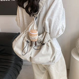 Xajzpa New Lightweight Nylon Drawstring ToteBag Literary Leisure Wrinkle Crossbody Bag Lazy Large Capacity Student Underarm Wrinkle Bag