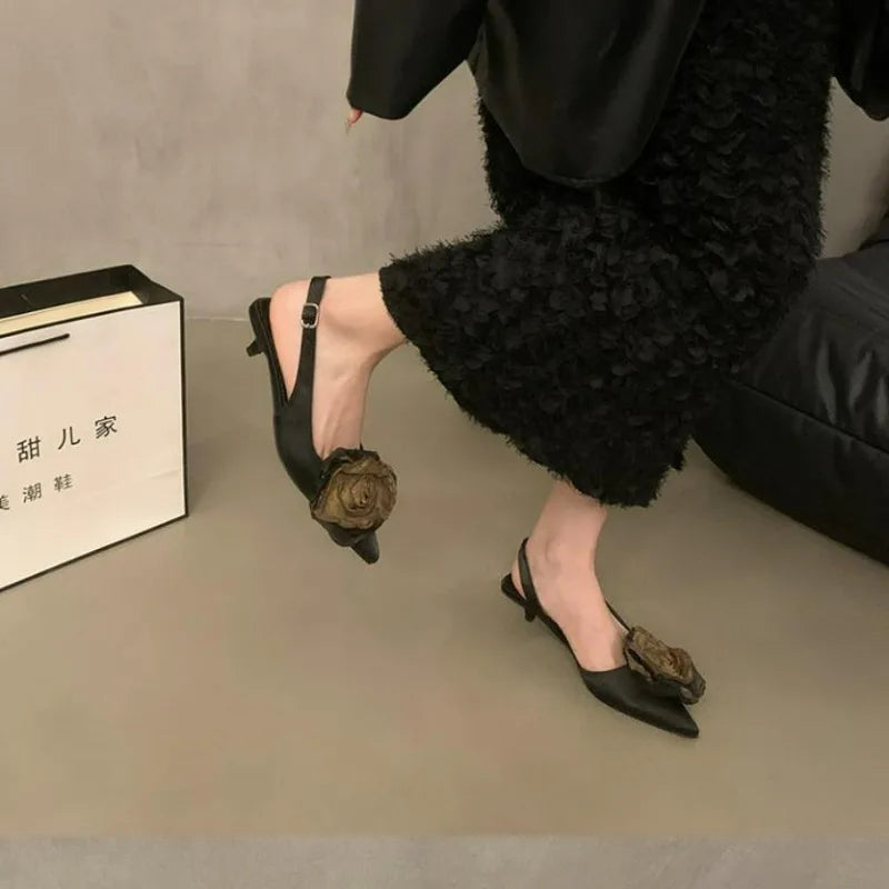 Xajzpa New Flower Designer Sandals Women Elegant Satin Mule Shoes Summer Pointed Toe Pumps Low Heel Flowers Slingback Sandals Female