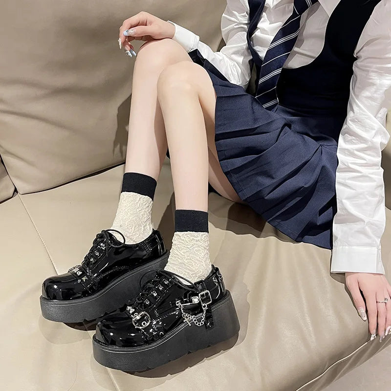 Xajzpa Punk Gothic Lolita Shoes Women AutumnThick Sole Brand Platform Mary Jane Shoes Wedge High Heels Party Cosplay Designer