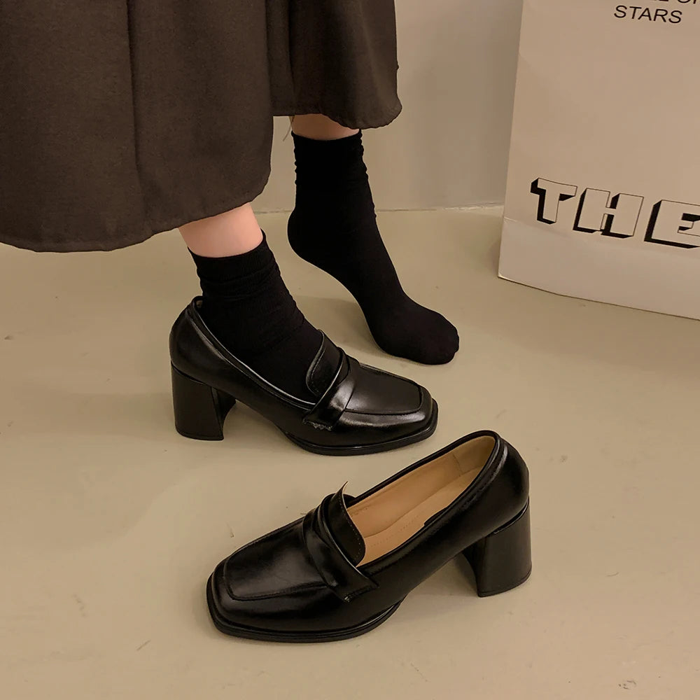 Xajzpa Summer Shoes Ladies Women's Heels Oxfords Loafers With Fur Female Footwear Slip-on New On Heels Retro Leather Dress Slip