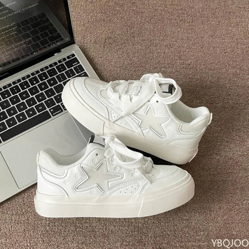 Xajzpa Retro thick soled white shoes for women's spring summer new round toe casual lace up simple comfortable women's board shoes