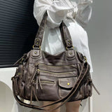 Xajzpa Y2K Hot Girl Single Shoulder Crossbody Bag Vintage Washed Leather Motorcycle Bag Large Capacity Multi Pocket Bag