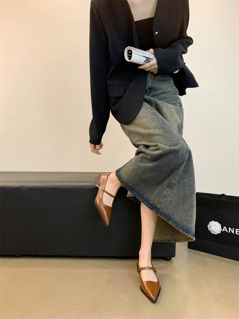 Xajzpa Retro Style Thick Heel Spring and Autumn Women Mary Jane Shoes Fashion Shallow Pointed Toe Ladies Comfort Office Pumps Footwear