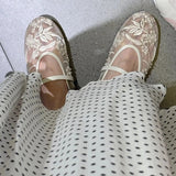 Xajzpa Spring Design Embroidery Flowers Pearl Mesh Round Tor Ballet Flats Woman Loafers Buckle Strap Ladies Mary Jane Shoe Mules Sandal