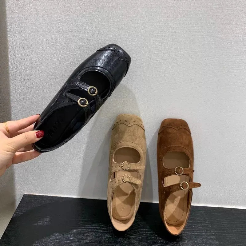 Xajzpa New Fashion Ladies Leather Flat Shoes Mary Jane Casual  Women Buckle Shoes Ladies Casaul Dress Low Heel Leather Shoes
