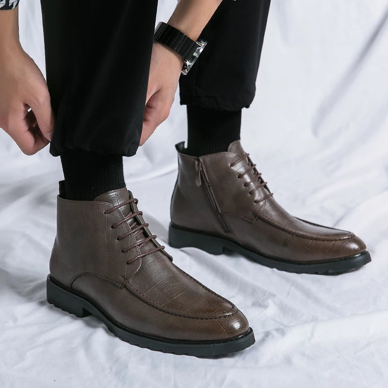 Xajzpa New Men's Trendy Boots Lace up Black Dress Fashionable Breathable Ankle Boots Leather Boots Casual Sports Shoes