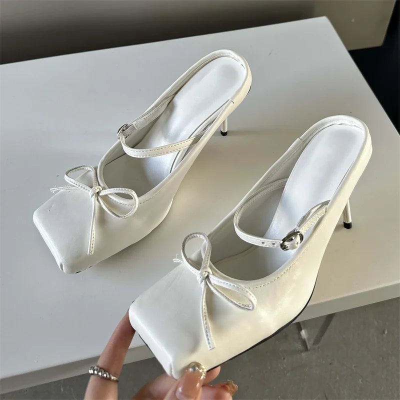 Xajzpa Bowknot Square Toe Women Slippers Pumps Sexy Buckle Strap Thin Heels Banquet Prom Mule Shoes