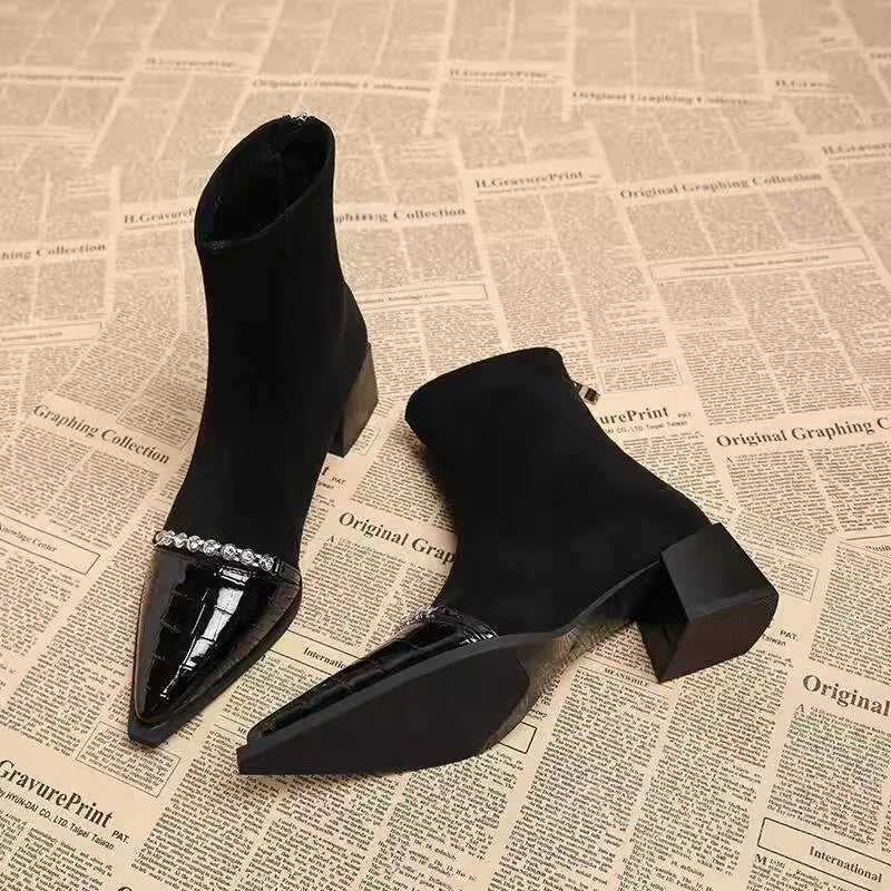 Xajzpa Pointed Toe Women Snow Ankle Boots High Heels Sexy Shoes Chunky Designer Chelsea Boots Winter New Trend Goth Botas De Mujer