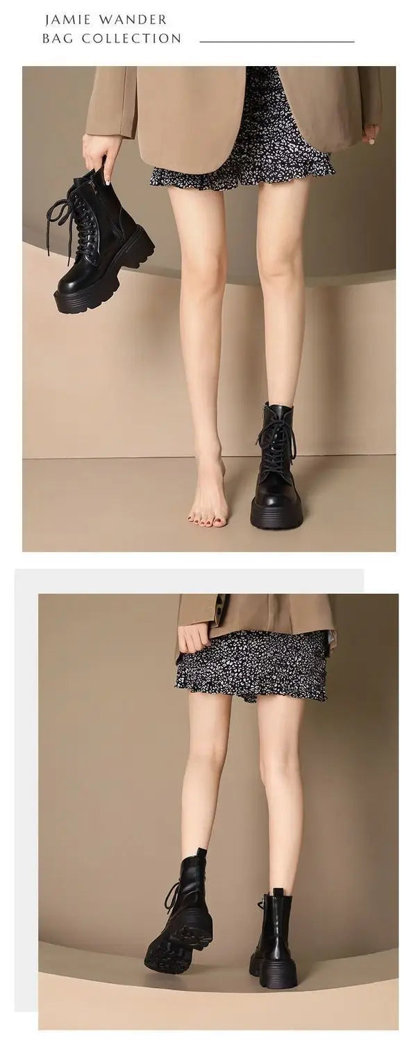 Xajzpa British Style Autumn Platform Shoes for Women Fashion Lace Up Round Toe Ankle Boots for Women Chunky Heel Ladies Short Boots