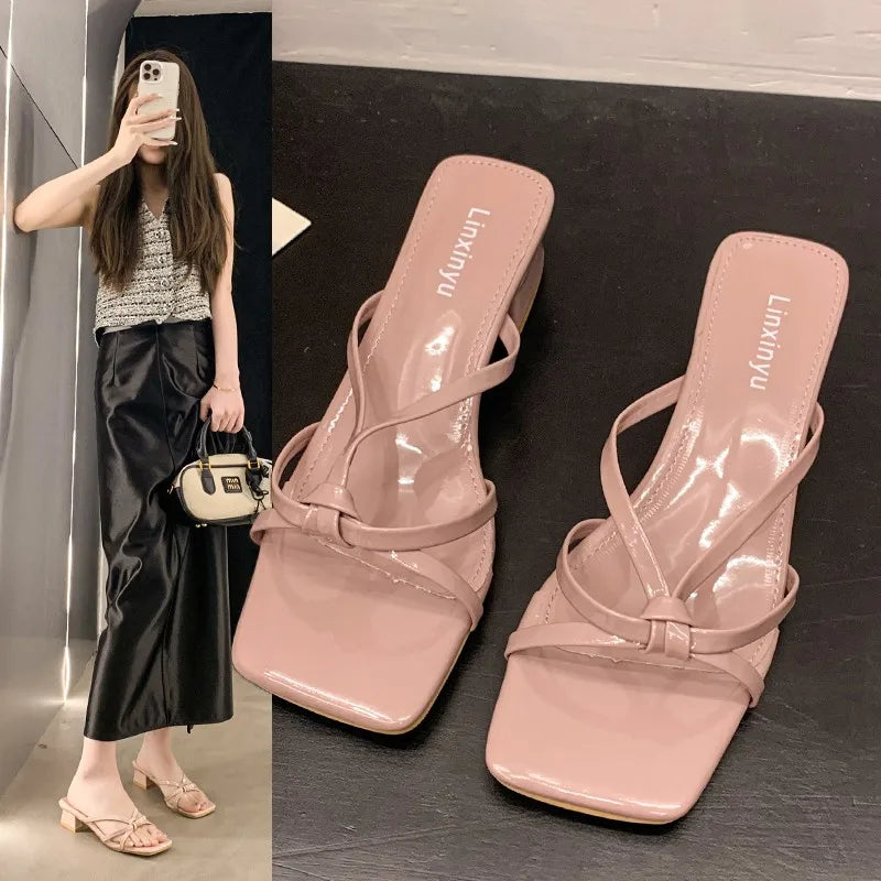 Xajzpa New Style Fashion Women's Shoes Peep Toe Square Toe Women's Slippers Outdoor Stiletto Heel Cross Thin Strip Modern Slippers