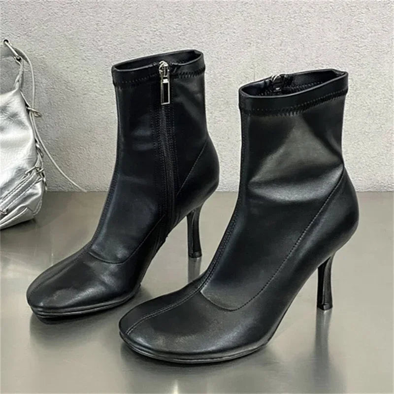 xajzpa Spring Autumn SEXY Round Toe Women Ankle Boots Concise Thin High Heels Shoes Fashion Side Zipper Short Booties